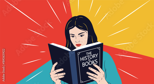 Focused young woman is intensely reading a large book titled 'The History of Books' against a vibrant, radiating background.