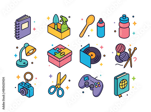 Colorful Hobby Icons. Personal hobbies gifts. Colorful isometric