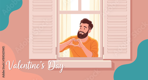 Happy bearded man looks out his window making a heart gesture with his hands, featured in a charming Valentine's Day card.