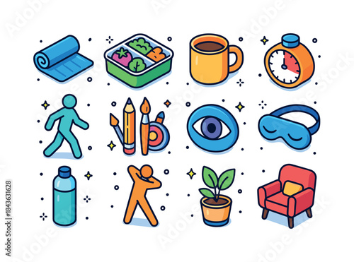 Balanced Life Icons. Work-life balance. Colorful isometric vecto