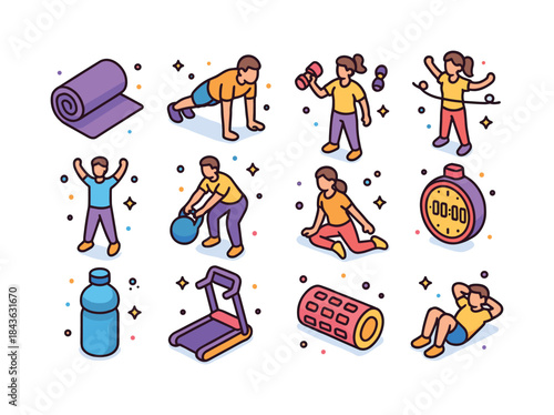Colorful Home Workout Icons. Home workout. Colorful isometric ve