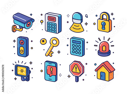 Colorful Home Security Icons. Home security. Colorful isometric