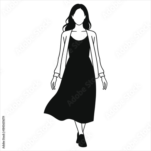 Spring Fashion Silhouette: Woman in Flowy Dress & Cardigan, Elegant Vector Art for Seasonal Design, Marketing, and Editorial Use — Minimalist, Stylish, Feminine, Trendy