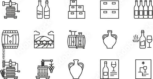 Wine production and winery line icon set featuring bottles, barrels, vineyard, pressing equipment, storage, and winemaking process symbols