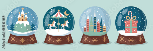A delightful collection of winter-themed snow globes, each depicting charming scenes that capture the essence of the holiday spirit and the beauty of winter landscapes.