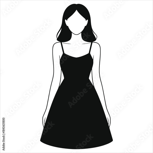 Elegant Woman in Spring Sundress Silhouette Vector. Minimalist Strappy Dress Fashion. Female Apparel, Summer Casual Outfit, Beautiful Simple Design Icon.