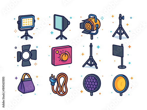 Colorful Lighting Gear Icons. Lighting gear. Colorful isometric