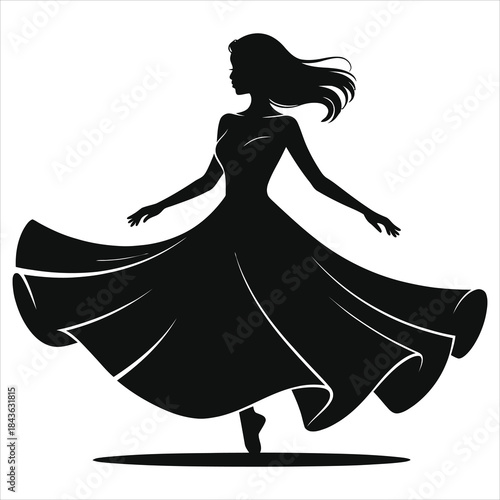 Elegant Silhouette of a Woman Spinning in a Flowy Chiffon Dress; Graceful Spring Dancer Twirling in a Flared Gown; Vector Illustration of Feminine Motion, Freedom and Style 