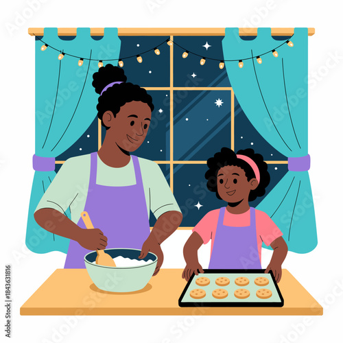 A heartwarming scene of a mother and her child joyfully baking cookies together, sharing laughter and love by the window under a starry night sky.