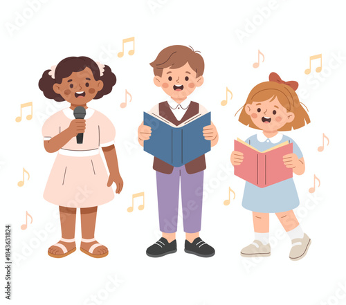 Three enthusiastic children sing joyfully together, channeling their passion for music, igniting a sense of unity and joy that resonates with their playful nature.