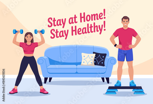 A woman is exercising at home with dumbbells, while a man stands on a step, promoting a healthy lifestyle and the importance of staying fit during challenging times at home.