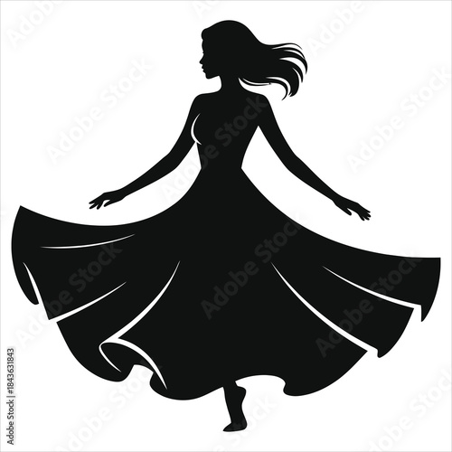 Elegant Woman Silhouette Twirling in Flowy Chiffon Dress, Spring Fashion Vector Illustration, Girl Dancing in Long Skirt, Minimalist Black and White Design Isolated on White Background for Branding