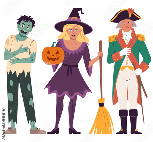 This playful Halloween-themed image features a zombie, a witch holding a pumpkin, and Napoleon symbolizing imagination, creativity, and festive spirit throughout the season.