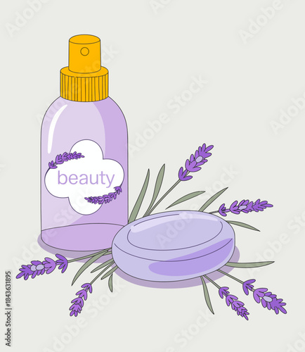 A beautiful illustration featuring a lavender beauty spray bottle alongside a soap bar, surrounded by vibrant lavender flowers, perfect for wellness and beauty topics.