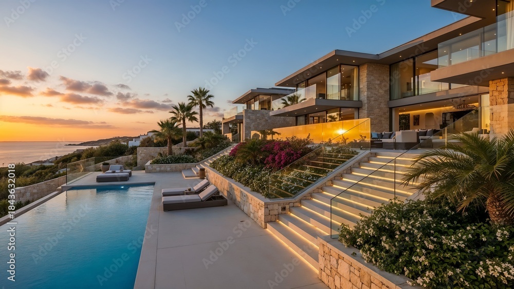 Obraz premium Beachfront Mansion with Glass Terraces, Sunset Pool View, and Illuminated Staircase