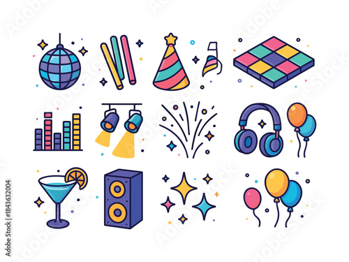 Colorful Party Icons. Party vibes. Colorful isometric vector ico