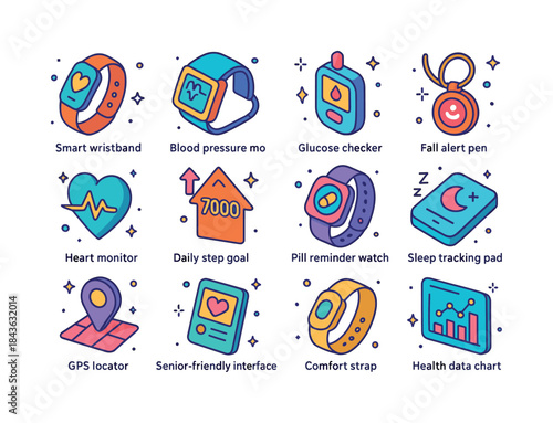 Senior Wellness Icons. Senior wellness devices. Colorful isometr