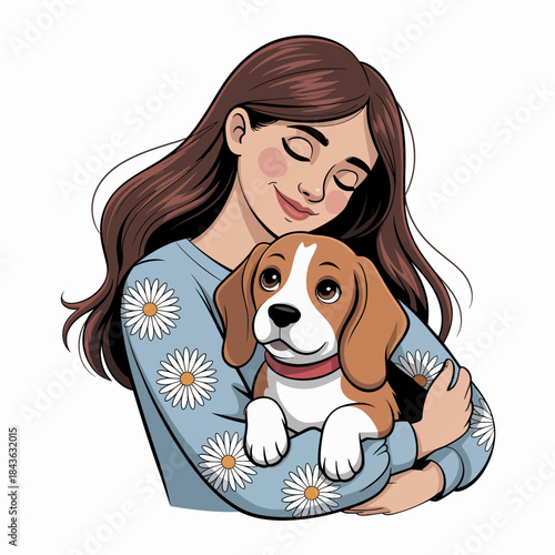 A girl embraces her adorable Beagle dog, radiating joy and companionship, perfectly encapsulating the bond between pets and their owners in a warm and loving atmosphere.