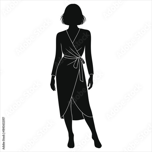 Fashionable woman silhouette wearing an elegant wrap dress with belt. Vector illustration of a stylish female model in spring casual clothing. Black isolated icon of a girl posing in a midi robe