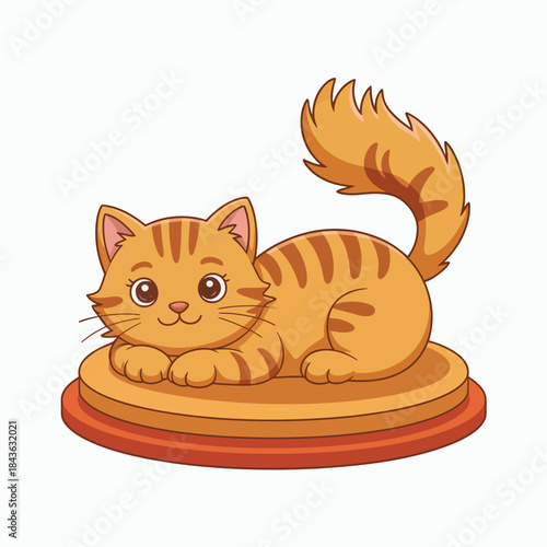 An adorable ginger cat rests cutely on a circular platform, highlighting the charm of pets and evoking feelings of comfort, joy, and playful innocence in a whimsical design.