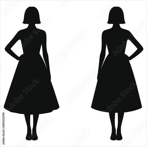Woman in spring dress silhouette vector. Front and back view fashion flat sketch. Elegant female figure in retro 1950s style clothing. Isolated design element.