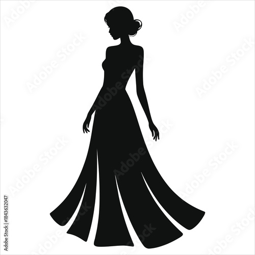 Elegant Silhouette of a Woman in a Flowing Spring Evening Dress; Beautiful Vector Illustration for Fashion Design, Wedding Invitations, Beauty Salon Branding, and Luxury Formal Prom Gown Concepts.