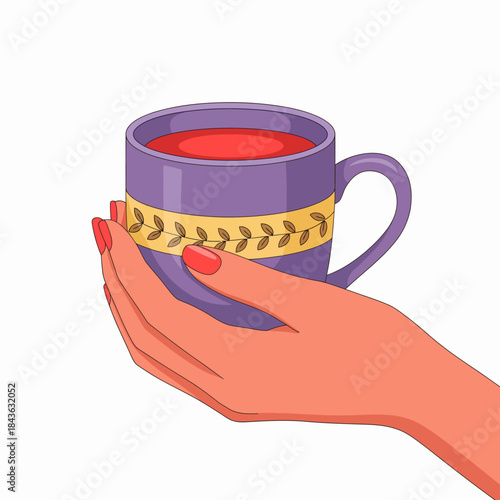 An artistic representation of a hand holding a beautifully designed cup filled with red tea, symbolizing warmth, comfort, and the joy of simple pleasures.