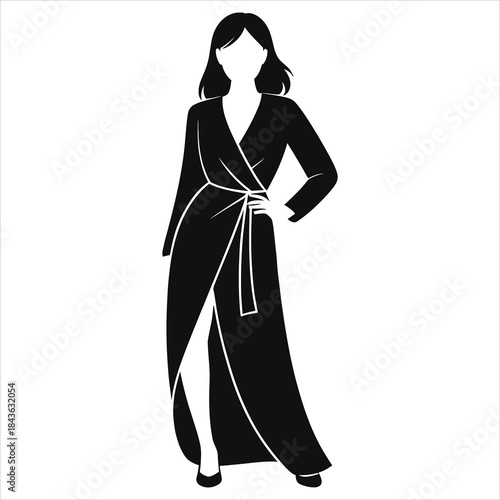 Spring wrap dress silhouette vector, minimalist female fashion icon; elegant V-neck belted midi gown graphic, modern womenswear clipart for boutique branding, apparel design, ecommerce, blogs and web.