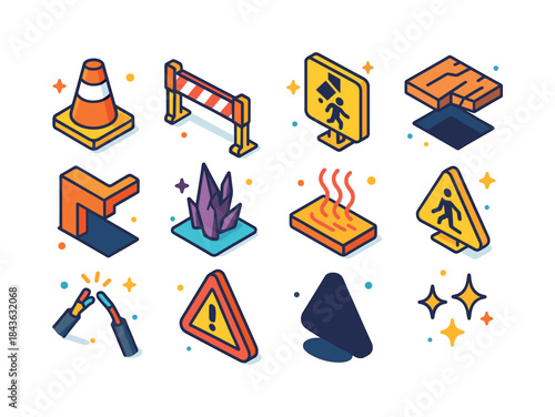 Colorful Danger Icons. Danger Zones. Colorful isometric vector i