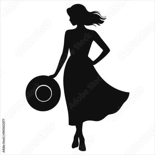 Elegant Silhouette of a Woman in a Flowing Spring Dress Holding a Sun Hat. Black Vector Illustration of a Girl with Wavy Hair for Summer Fashion, Travel, Vacation, and Minimalist Lifestyle Designs.