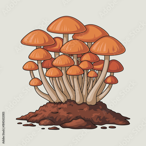 An artistic representation of orange mushrooms nestled in brown soil, celebrating nature's vitality and the unique beauty of fungi in a fairytale-like setting.