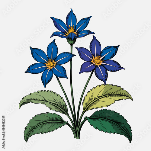 An artistic illustration of striking blue flowers with vibrant green leaves, symbolizing beauty, nature, and vitality that can brighten up any space.
