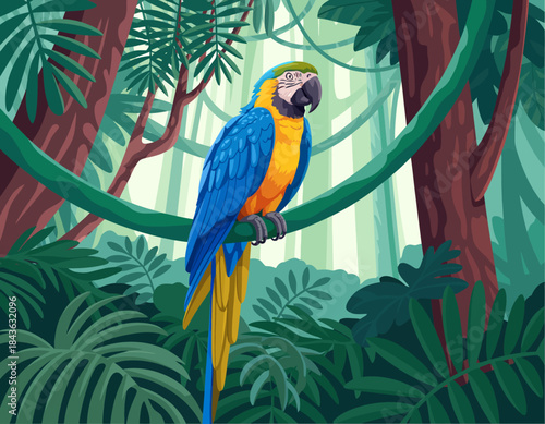A striking blue and yellow macaw perched on a branch amidst vibrant greenery, symbolizing the beauty and richness of wildlife in its natural rainforest habitat.