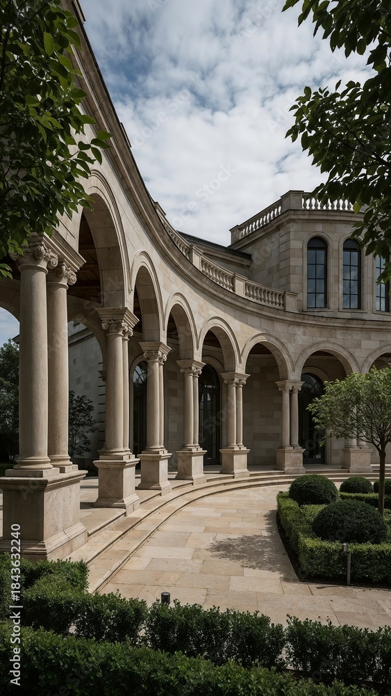 Fototapeta premium Stone Arch Colonnade with Garden Pathway and Classical Architecture