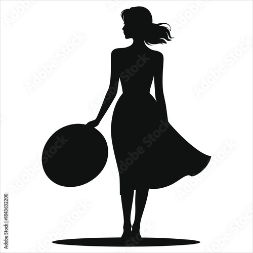 Spring fashion silhouette of girl holding a sun hat, flowing spring dress, elegant female figure vector illustration, minimal black icon for seasonal posters, cards, logos, decor for web and print use