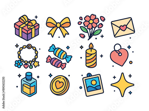 Colorful Gift Icons. Special occasion gifts. Colorful isometric