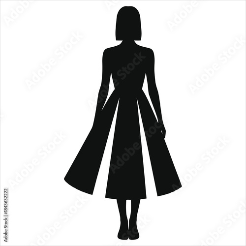 Spring High-Waist Pleated Dress Silhouette Vector - Women's Elegant Midi Dress Design for Spring Fashion Wardrobe