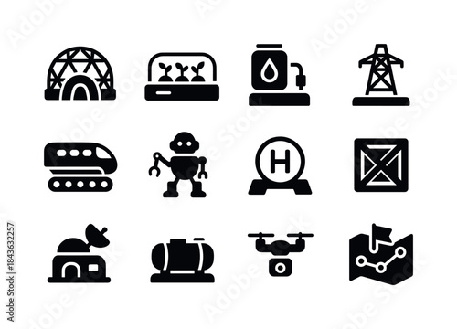 Mars Colonization Icons. Future Mars colonization. Solid icon se