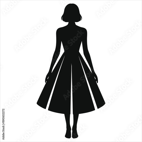 Elegant Silhouette of Woman in High-Waist Spring Dress with Pleats. Vintage Style Fashion Vector Illustration for Summer Apparel, Feminine Design, Wedding Guest Attire, and Chic Seasonal Graphics.