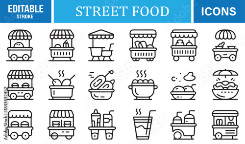 Minimal linear street food and vendor icon set for culinary design
