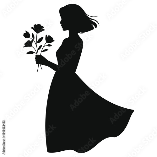 Black silhouette of a beautiful young woman standing in a long flowing dress holding a bouquet of spring flowers. Vector illustration of a female profile with ponytail hair 