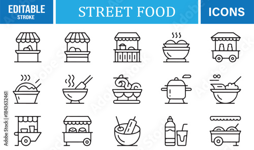 Editable stroke street food icons featuring carts, stalls, snacks, and drinks