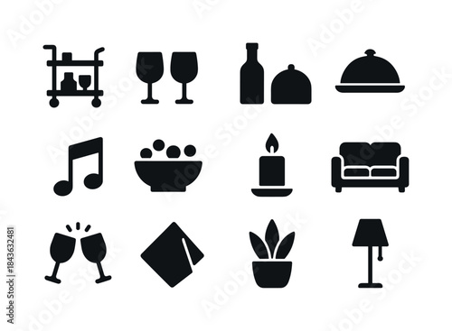 Home Entertaining Icons. Entertaining at Home. Solid icon set of