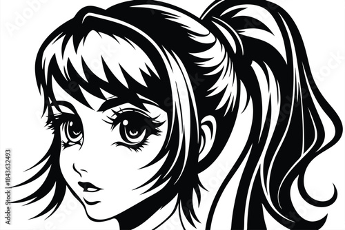 Mangainspired young woman with dark hair in a high ponytail looks left thoughtfully