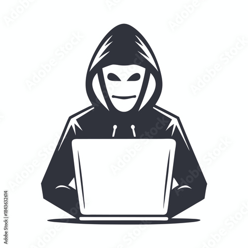 Masked figure under a hood intently using computer depicts anonymous activity, isolated over white