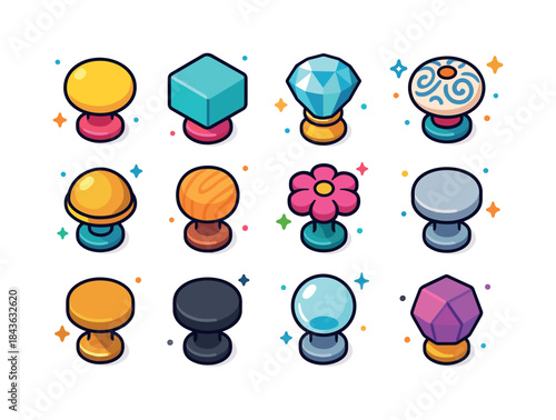 Colorful Knob Icons. Drawer knobs. Colorful isometric vector ico
