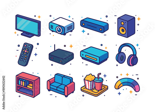 Colorful Home Theater Icons. Home Theater. Colorful isometric ve