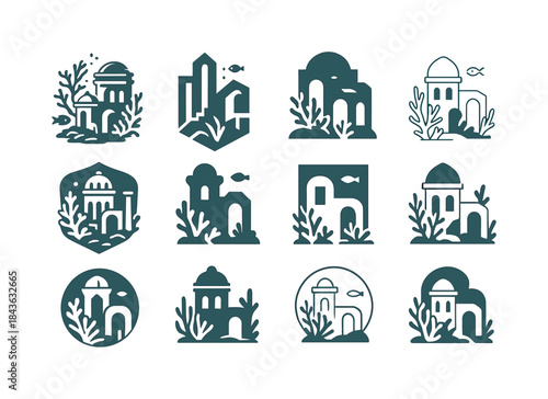 Underwater Icon Collection. Underwater Cities and Marine Life. I