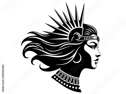 Striking black and white profile of a woman wearing an ornate, spiky headdress and decorative collar, with flowing hair.