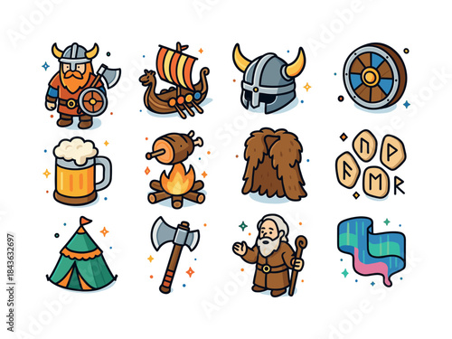 Viking Festival Icons. Viking festival. Colorful isometric vecto